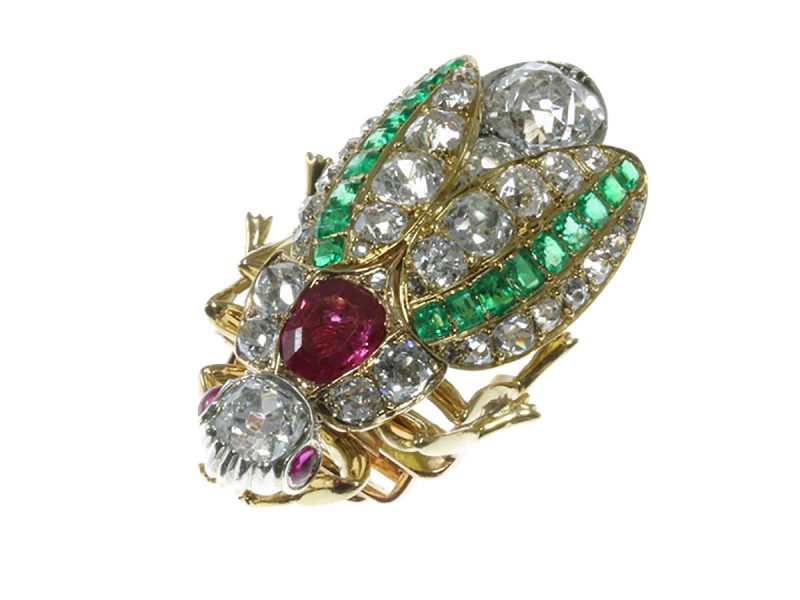 Ruby, emerald & diamond bug brooch