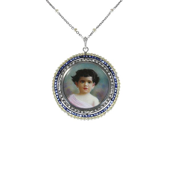 Portrait miniature in a sapphire & pearl pendant