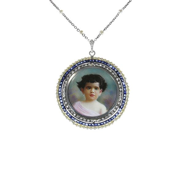 Portrait miniature in a sapphire & pearl pendant