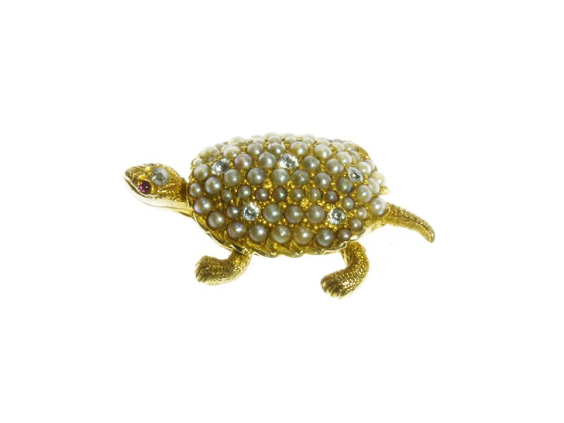 Diamond & pearl tortoise brooch