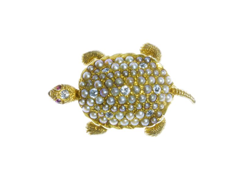 Diamond & pearl tortoise brooch