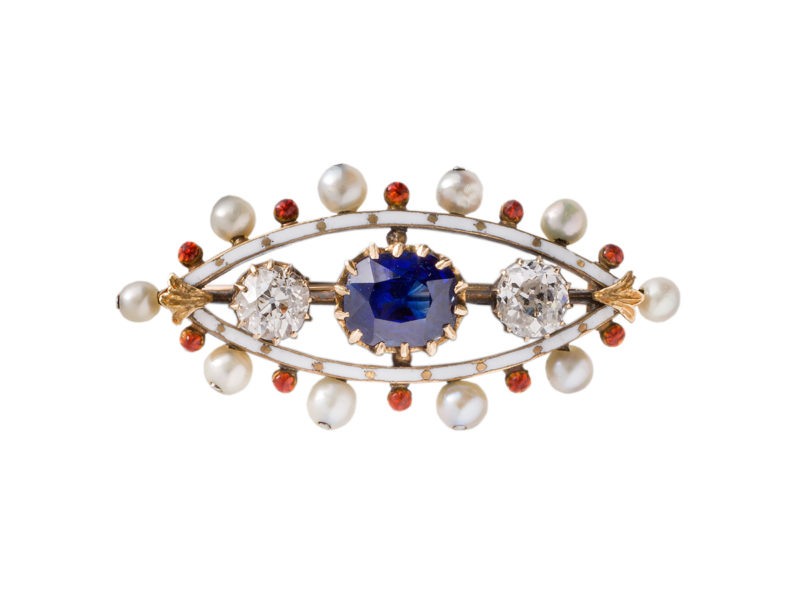 Enamel brooch set with sapphire, diamonds & pearls