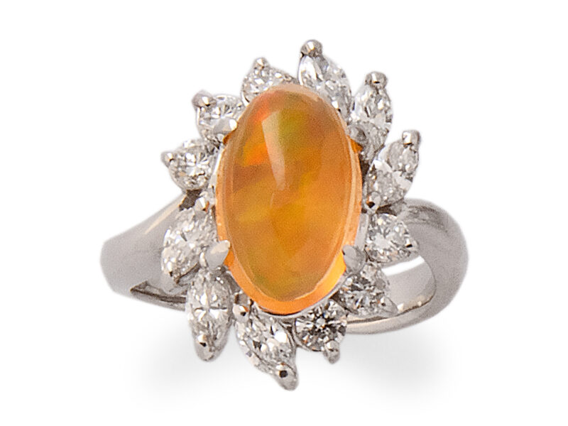 Fire Opal & Diamond Cluster Ring