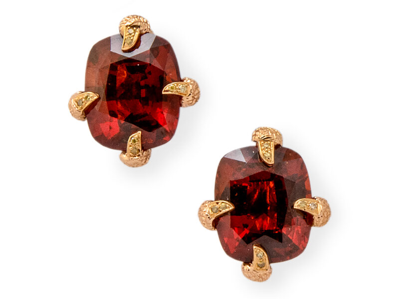 Garnet Earrings Set With Diamonds On Each Claw