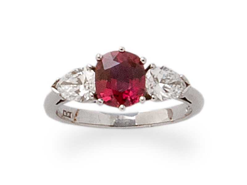 Ruby & Pear Shaped Diamond Three Stone Ring